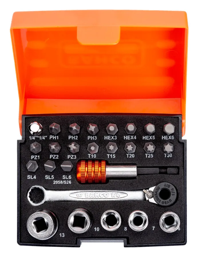 BAHCO BIT EN DOPPENSET  VOOR GLEUF, PH, PZ, ZESKANT EN TORX  2058/S26