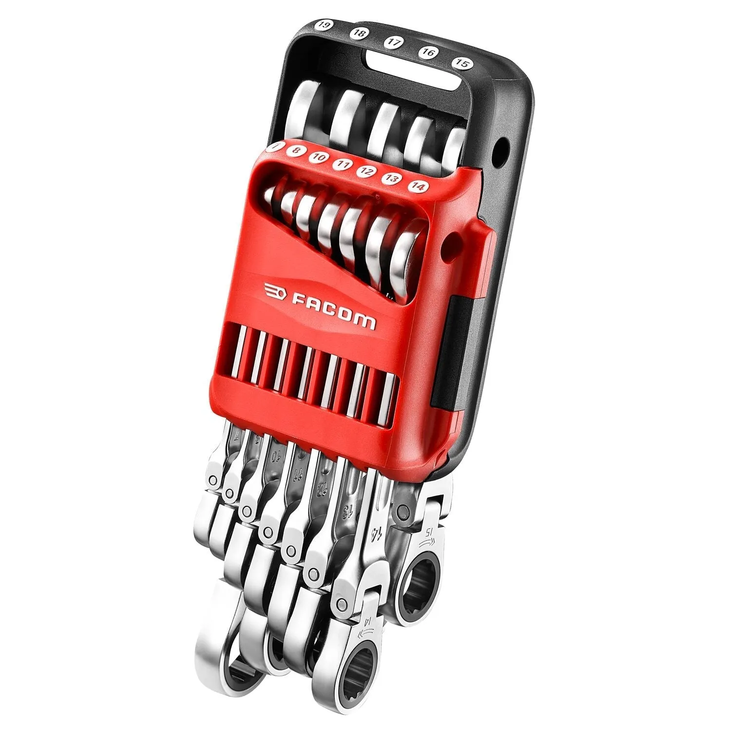 FACOM SCHARNIERENDE ANTISLIP RINGSTEEKSLEUTELSET MET RATEL IN HOUDER 12DELIG  467BF.JP12PB