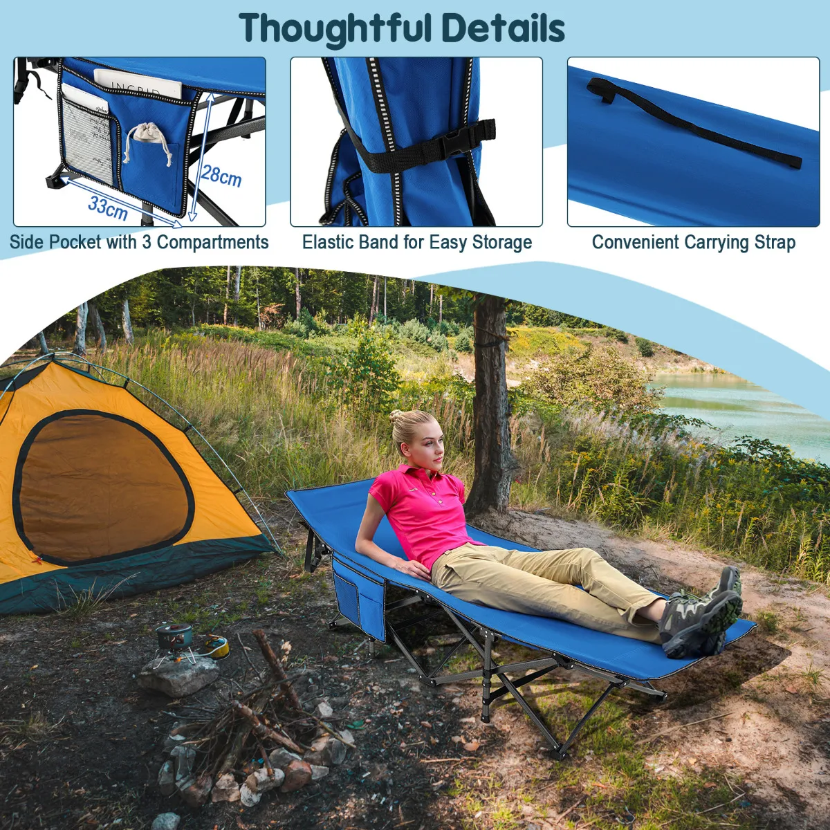 Veldbed met Zijvak Tot 272 kg Belastbaar Inklapbaar Campingbed Klapbed Reisligstoel Blauw